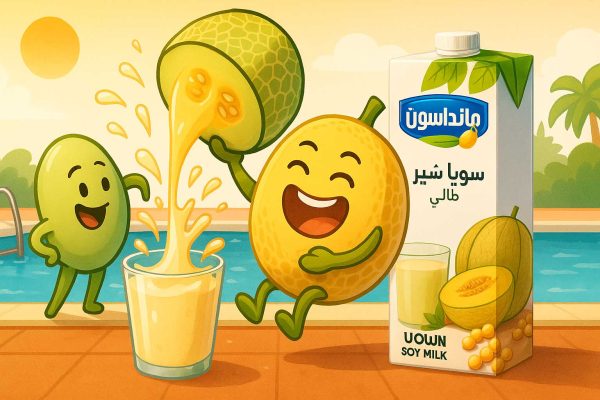 تصویر کارتونی بامزه؛ دانه سویا در کنار استخر آب طالبی را داخل لیوان سویا شیر طالبی مانداسوی می‌ریزد و طالبی می‌خندد