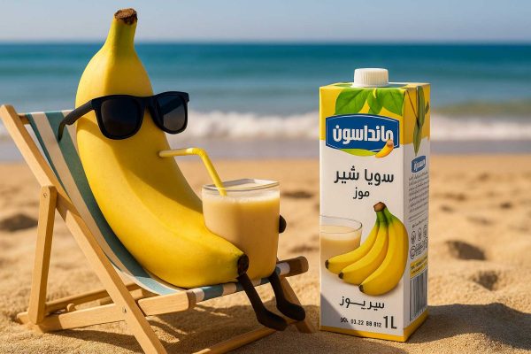 موز با عینک آفتابی روی صندلی ساحل در حال نوشیدن سویا شیر موز مانداسون