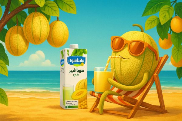 تصویر فانتزی سویا شیر طالبی مانداسون؛ طالبی با عینک نارنجی روی ساحل از نی می‌نوشد و از درخت، طالبی‌ها آویزان‌اند