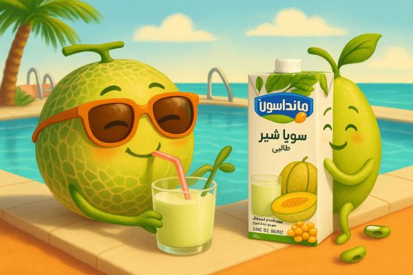 تبلیغ بامزه کنار استخر؛ کاراکتر طالبی و دانه سویا با نی سویا شیر طالبی مانداسون می‌نوشند