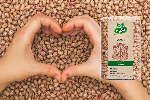 تصویر تبلیغاتی لوبیا چیتی آبگینه با نماد قلب برای سلامتی قلب