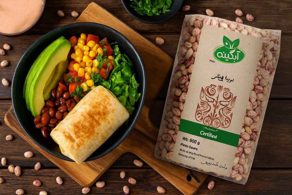 بوریتوی مکزیکی با لوبیا چیتی و آووکادو به همراه بسته‌بندی لوبیا چیتی آبگینه