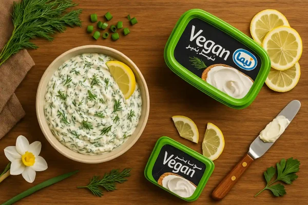 دیپ وگان با سویا پنیر آلیما؛ تصویر از بالا همراه شوید، پیازچه، لیمو و بسته‌بندی محصول