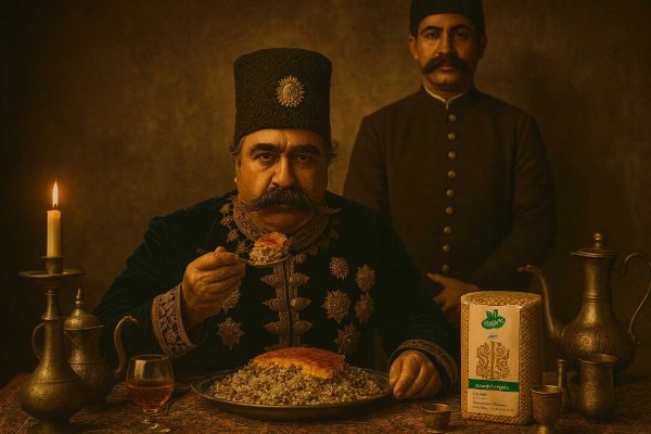 ناصرالدین شاه قاجار در حال خوردن عدس پلو با ته دیگ در سفره سنتی قاجاری همراه با خدمه و بسته عدس ارگانیک