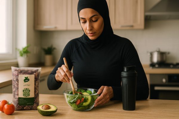 زن ورزشکار باحجاب در آشپزخانه مدرن در حال آماده‌سازی سالاد سالم با لوبیا عروس ارگانیک آبگینه