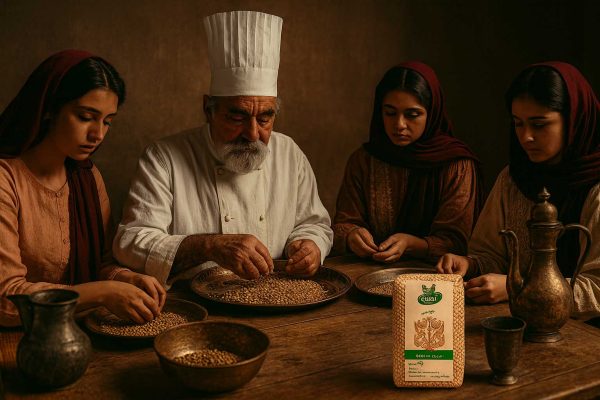 آشپز دربار قاجاری به همراه دو دختر در حال پاک کردن عدس با ظروف سنتی و بسته عدس ارگانیک