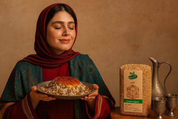 زن جوان زیبا با لباس سنتی ایرانی و حجاب در حال لذت بردن از بوی عدس پلو همراه با بسته عدس ارگانیک و ظروف قدیمی ایرانی