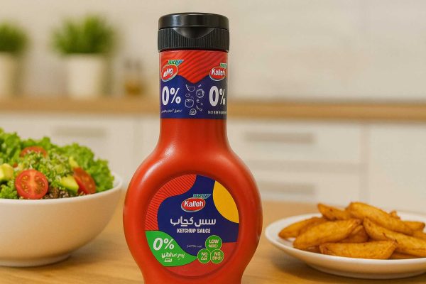 سس کچاپ رژیمی کاله پرو بدون قند و بدون چربی در کنار سالاد رنگی و سیب‌زمینی تنوری روی میز آشپزخانه مدرن