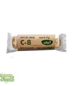 پروتئین بار c-8 آبیش گیاهی و بدون شکر C-8 برند آبیش مناسب ورزشکاران و وگان‌ها