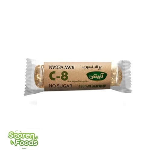 پروتئین بار c-8 آبیش گیاهی و بدون شکر C-8 برند آبیش مناسب ورزشکاران و وگان‌ها