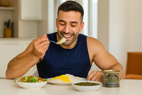 مرد ورزشکار در حال خوردن برنج و خورش قلیه‌ماهی بدون ماهی گیلانی روی میز، همراه با سالاد و قوطی کنسرو گیلانی در محیطی روشن و مدرن