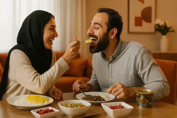 زن و شوهری در حال صرف ناهار با قلیه‌ماهی بدون ماهی گیلانی روی میز، همراه با برنج زعفرانی، سالاد و ترشی در خانه‌ای مدرن و گرم