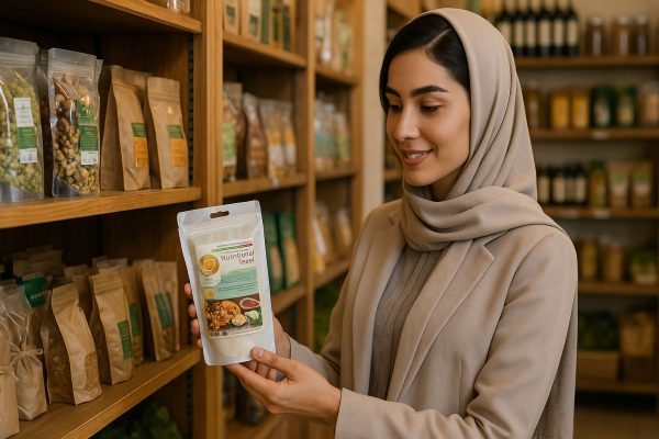 خانمی در حال معرفی پودر مخمر مغذی گاستو در یک ف روشگاه