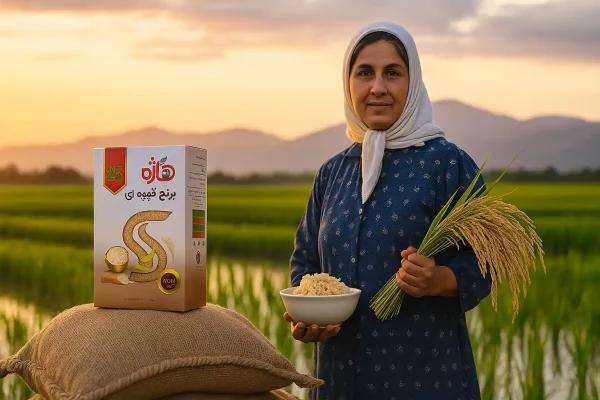 زن روستایی ایرانی در مزرعه برنج طارم در حال نگه‌داشتن خوشه برنج و کاسه‌ای برنج پخته، در کنار بسته برنج قهوه‌ای هاژه روی کیسه‌های برنج در غروب طلایی شمال ایران