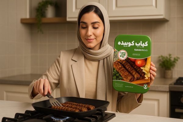 زن ایرانی در حال گریل کردن کباب کوبیده گیاهی چیمن در آشپزخانه