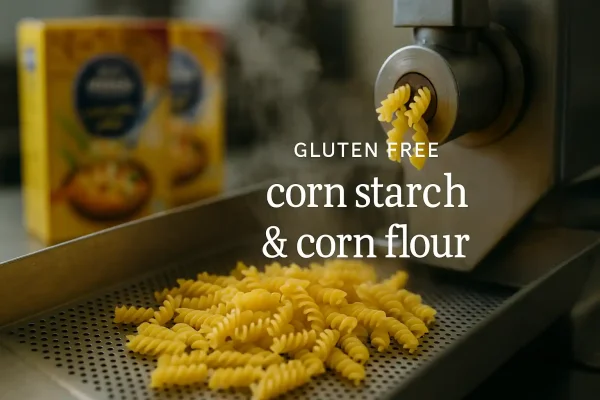 فرآیند تولید ماکارونی پیچی بدون گلوتن آیسودا در کارخانه با خروج پاستا از دستگاه و بخار گرم در فضا، با بسته‌بندی محصول در پس‌زمینه