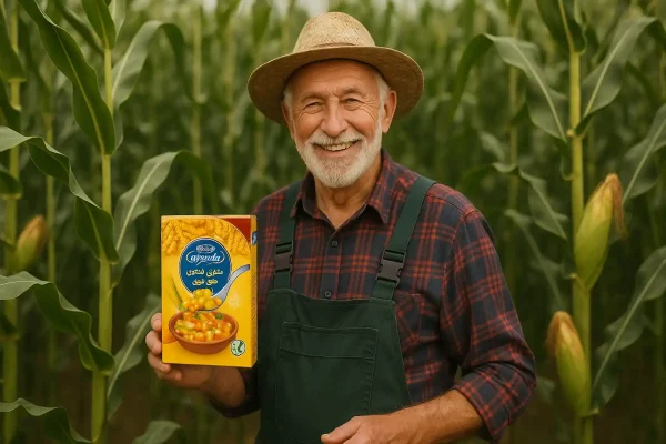 پیرمرد کشاورز خوش‌سیما در مزرعه ذرت در حال لبخند زدن و در دست داشتن بسته ماکارونی بدون گلوتن آیسودا با پس‌زمینه‌ای از ساقه‌های سبز و طلایی ذرت