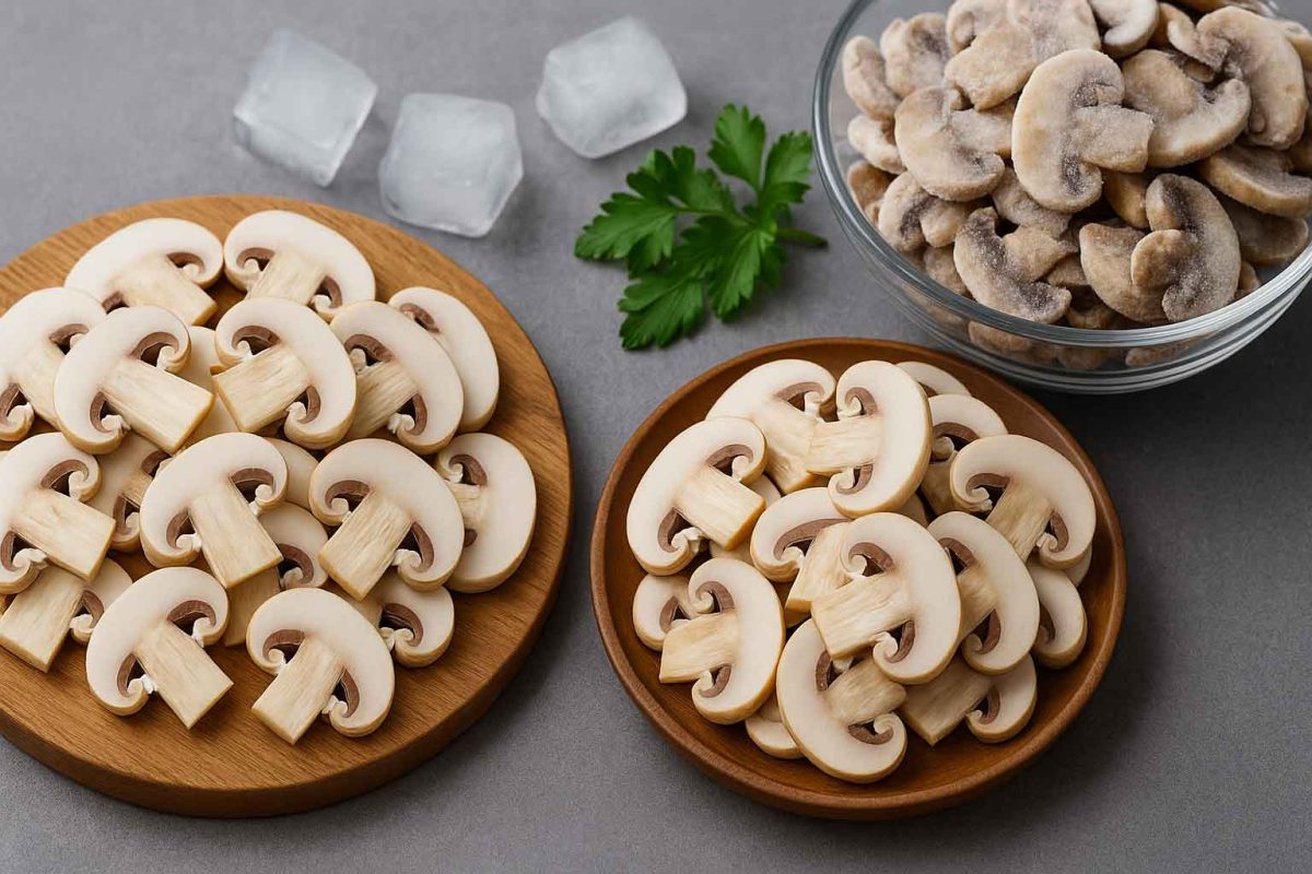 قارچ‌های تازه و اسلایس شده در کنار قارچ‌های بلانچ و منجمد شده روی تخته چوبی و ظرف شیشه‌ای برای نشان دادن مزایای بلانچ کردن