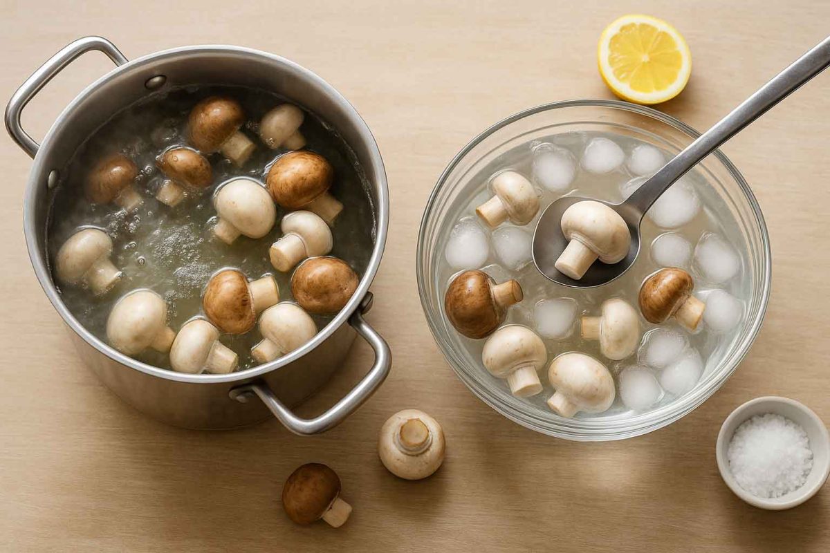 قارچ بلانچ شده در قابلمه آب جوش و انتقال به کاسه آب و یخ برای توقف پخت