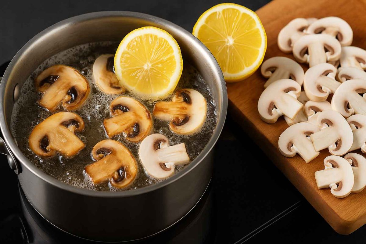 بلانچ کردن قارچ در آب جوش همراه با لیمو برای جلوگیری از تیره شدن قارچ و حفظ رنگ و بافت مناسب