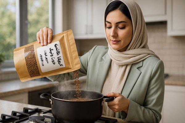 زن ایرانی در آشپزخانه مدرن در حال ریختن گرچکا ارگانیک سورن فودز در قابلمه