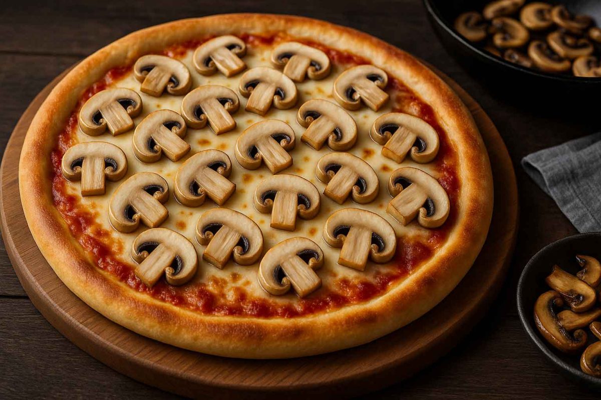 پیتزای تازه با قارچ‌های اسلایس‌شده و بلانچ‌شده که رنگ روشن و بافت سفت دارند و بدون آب انداختن روی سس پیتزا قرار گرفته‌اند