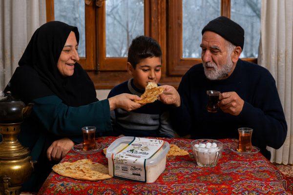 صبحانه سنتی ایرانی با پنیر توفو زیره دکتر پگی، پیرزن و پیرمرد و کودک دور کرسی در زمستان