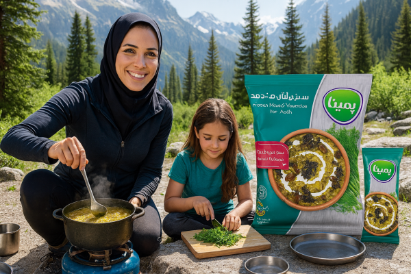 مادر ورزشکار باحجاب در طبیعت کوهستان کنار اجاق و دیگ آش لبخند می‌زند و آش می‌پزد؛ دخترش در حال خرد کردن سبزی است و بسته سبزی آش منجمد پمینا ۴۰۰ گرمی در تصویر دیده می‌شود.