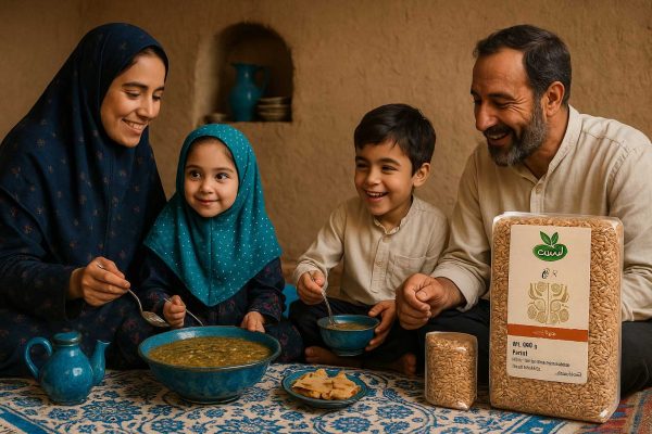 خانواده روستایی باحجاب دور سفره آبی در خانه کاهگلی، در حال خوردن آش پارنج؛ با نمایش بسته‌بندی پارنج آبگینه در گوشه تصویر (16:9)