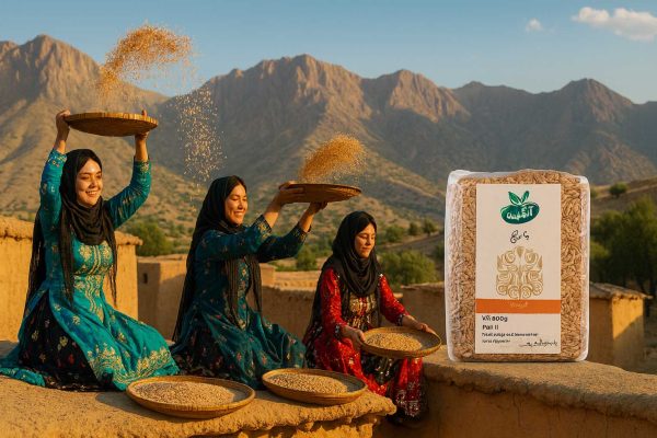 زنان روستایی بختیاری باحجاب در حال بوجاری پارنج روی بام کاهگلی، با بسته‌بندی پارنج آبگینه در گوشه تصویر و نور غروب (16:9)