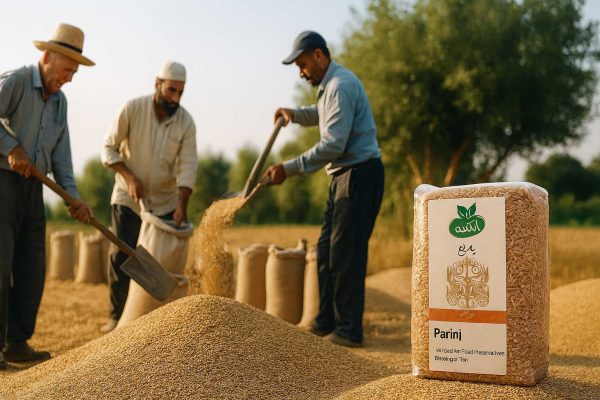 چند مرد روستایی در مزرعه تمیز در حال ریختن پارنج با بیل داخل گونی‌ها؛ تپه‌های پارنج و درختان در دوردست، نور طبیعی ارگانیک، بسته‌بندی پارنج آبگینه در گوشه تصویر