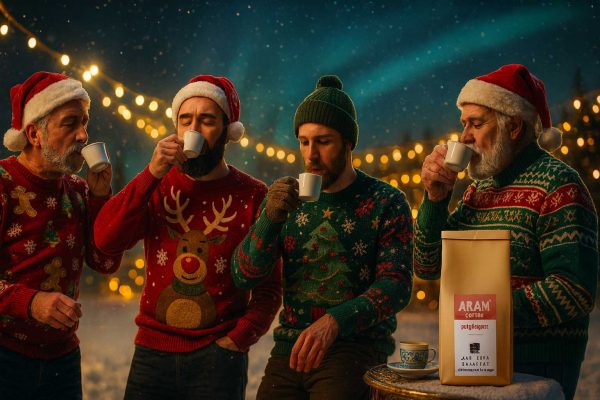 چند مرد با لباس کریسمس در شب برفی در حال نوشیدن قهوه ترک آرام؛ بسته‌بندی محصول در گوشه تصویر