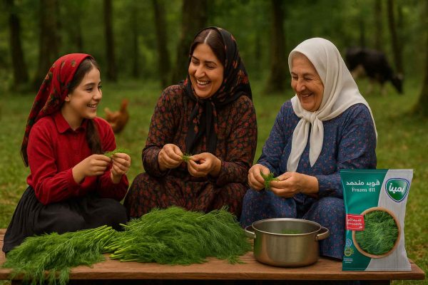 مادر، دختر و مادربزرگ مازندرانی در جنگل در حال پاک کردن شوید تازه با قابلمه و بسته‌بندی شوید منجمد پمینا