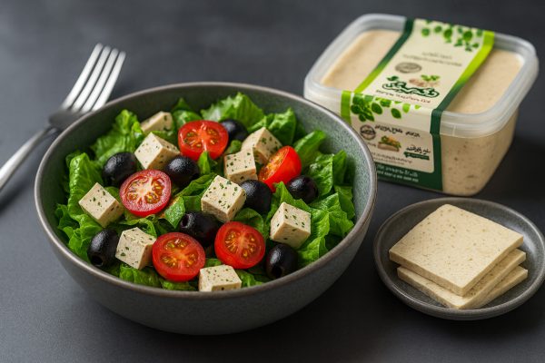 سالاد مدیترانهای سالم با برگهای سبز، گوجه گیلاسی، زیتون سیاه و مکعبهای پنیر توفو ارگانو دکترپگی ۴۵۰ گرمی روی میز مدرن با بستهبندی محصول در پسزمینه
