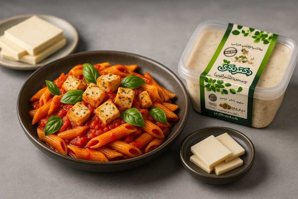 پاستای اورگانو با سس گوجه و ریحان و مکعبهای پنیر توفو ارگانو دکترپگی روی میز مدرن، همراه با ورقههای توفو و بستهبندی محصول در پسزمینه