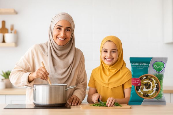 مادر و دختر باحجاب در آشپزخانه مدرن در حال پخت آش و خرد کردن سبزی؛ بسته سبزی آش منجمد پمینا ۴۰۰ گرمی در تصویر