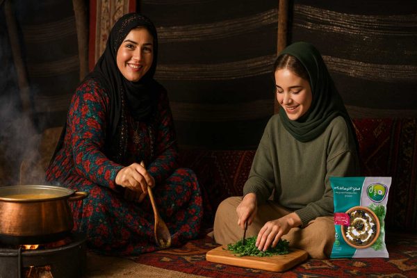 زن عشایری باحجاب کنار اجاق و دیگ آش نشسته و لبخند می‌زند؛ دختر در حال خرد کردن سبزی؛ بسته سبزی آش منجمد پمینا ۴۰۰ گرمی در تصویر مناسب معرفی محصول برای ووکامرس.