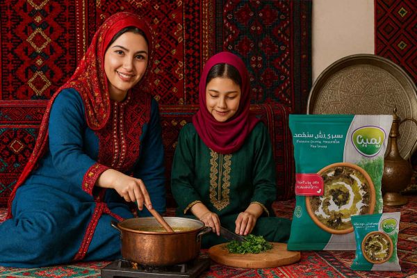 مادر ترکمن باحجاب کنار اجاق و دیگ آش نشسته و لبخند می‌زند؛ دخترش در حال خرد کردن سبزی است و بسته سبزی آش منجمد پمینا ۴۰۰ گرمی در تصویر دیده می‌شود.