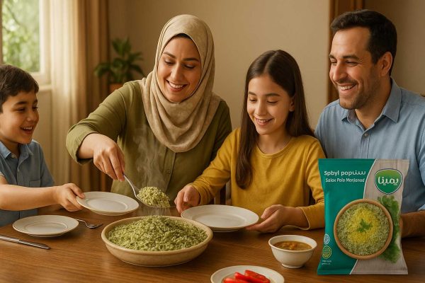 خانواده ایرانی دور میز نهار در حال خوردن و سرو سبزی پلو منجمد پمینا