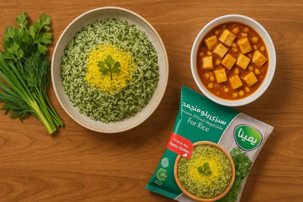 نمای بالایی از میز چوبی مدرن با بشقاب سبزی پلو و خورش قیمه با توفو و بسته سبزی پلو منجمد پمینا