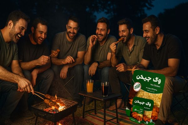 شش مرد جوان ۳۰–۳۵ ساله در طبیعتِ شب دور منقل ذغال نشسته‌اند؛ یکی در حال گرداندن سیخ کباب گیاهی و بقیه در حال خوردن و خندیدن‌اند، روی میز لیوان‌های نوشابه و آبمیوه دیده می‌شود و بستهٔ وگ چیکن چیمن در گوشهٔ تصویر قرار دارد