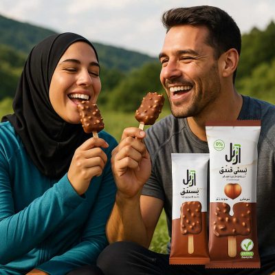 زن و شوهر ورزشکار در طبیعت، شاد و خندان در حال خوردن بستنی فندقی آژیل 