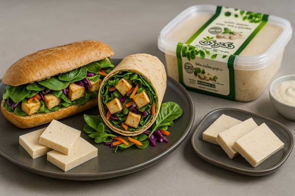 ساندویچ و رپ گیاهی پر از سبزیجات تازه و مکعبهای پنیر توفو ارگانو دکترپگی روی میز مدرن با ظرف پنیر ورقهشده و بستهبندی محصول در پسزمینه