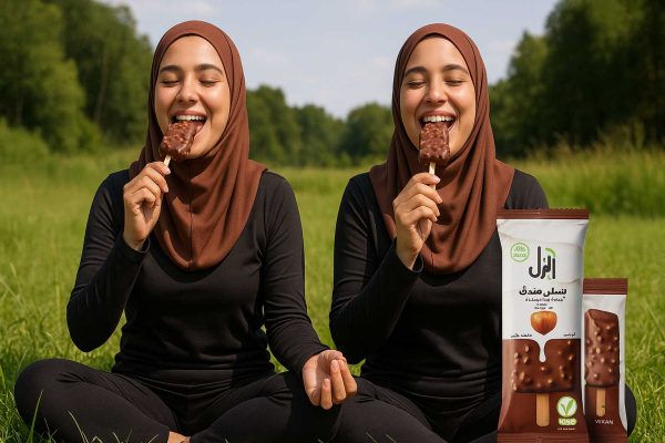 دو دختر باحجاب در حال یوگا در طبیعت، شاد و آرام در حال خوردن بستنی فندقی آژیل