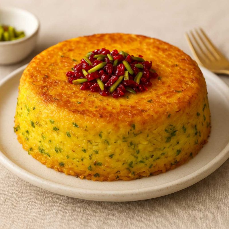 ته چین وگان تززین شده با زرشک و خلال پسته