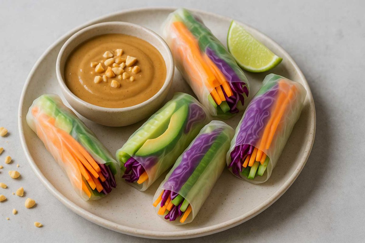 ول سبزیجات آسیایی وگان با هویج، خیار، کلم بنفش و آووکادو در کنار سس بادام‌زمینی روی میز پذیرایی مدرن