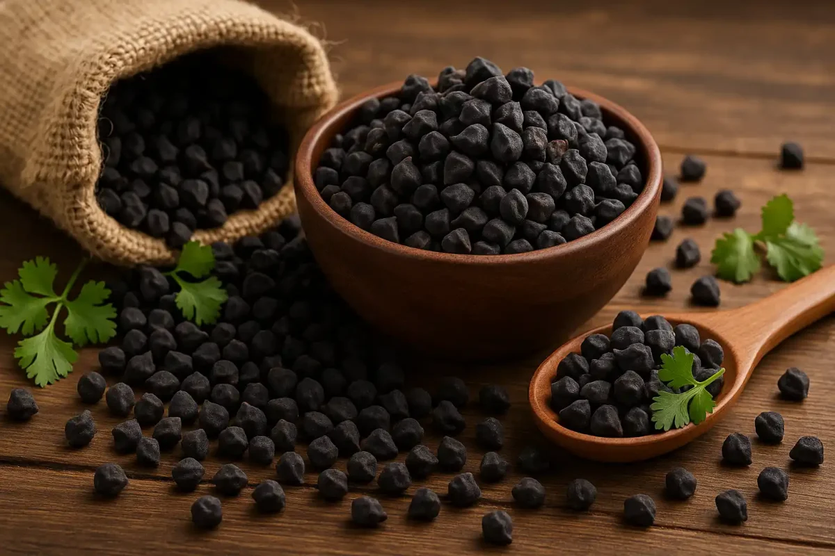 تصویر تبلیغی از نخود سیاه ارگانیک و خواص نخود سیاه در کاسه چوبی با نور طبیعی و پس‌زمینه چوبی گرم، مناسب برای معرفی محصول در فروشگاه وگان سورن فودز