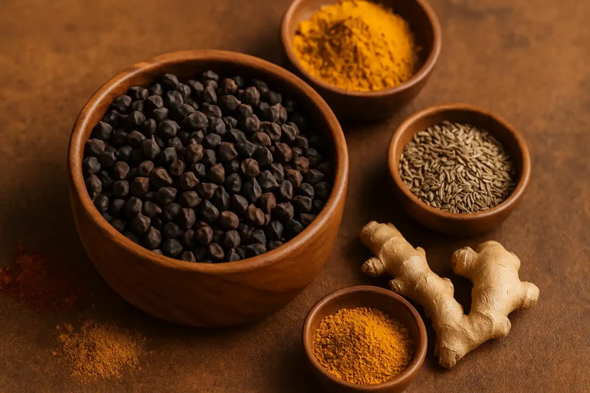 تصویر گرم و سنتی از کاسه نخود سیاه در کنار ادویه‌های سنتی مانند زردچوبه، زیره و زنجبیل روی میز چوبی قهوه‌ای، با نور طبیعی و ترکیب رنگ طلایی و قهوه‌ای مناسب بخش طب سنتی در مقاله سورن فودز