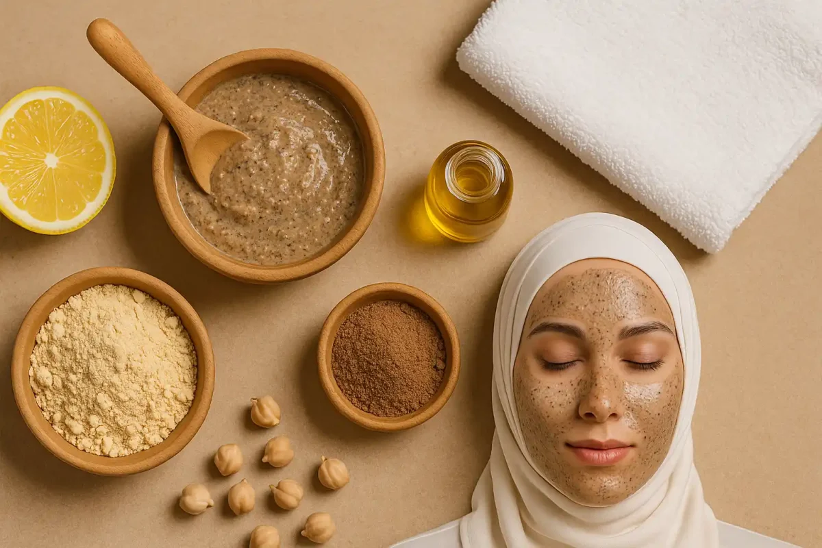 تصویر مقایسه‌ای از نخود سیاه و نخود سفید در دو ظرف چوبی، روی میز روشن با نور طبیعی و حضور زن باحجاب که یکی از ظرف‌ها را در دست دارد؛ نمایش‌دهنده تفاوت ظاهری و طبیعی این دو نوع نخود برای فروشگاه وگان سورن فودز