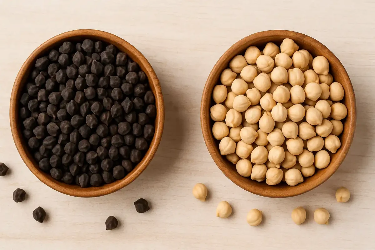 تصویر آموزشی از دو کاسه چوبی حاوی نخود سیاه و نخود سفید که کنار هم روی میز روشن قرار گرفته‌اند، نمای بالا و نور طبیعی برای نمایش تفاوت ظاهری این دو نوع نخود در محتوای آموزشی فروشگاه وگان سورن فودز